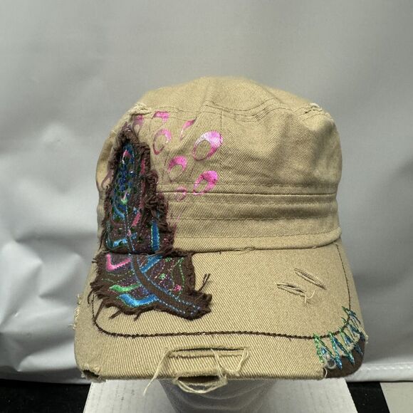 Peacock Feather Distressed Cadet Cap Tan Stretch Fit Hat Kbethos Women’s - Picture 2 of 7